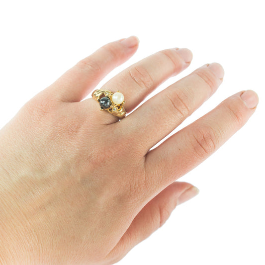 Vintage Ring Black and White Pearl with Crystal Ring 18k Gold Antique Womans Jewlery Handmade Size Rings R3326 by PVD Vintage Jewelry