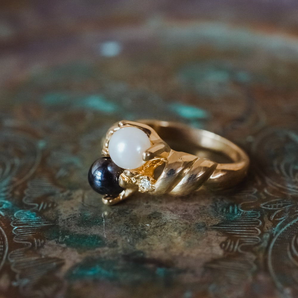 Vintage Ring Black and White Pearl with Crystal Ring 18k Gold Antique Womans Jewlery Handmade Size Rings R3326 by PVD Vintage Jewelry