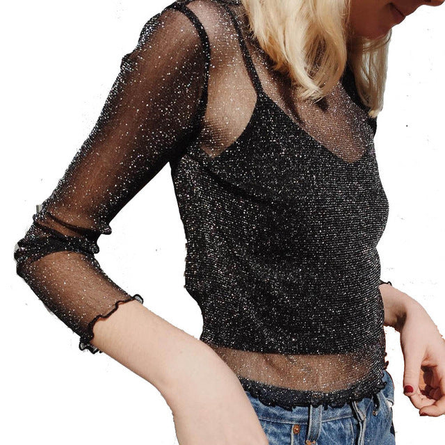 Women’s Sheer Mesh Long-Sleeve Silk Top