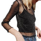 Women’s Sheer Mesh Long-Sleeve Silk Top