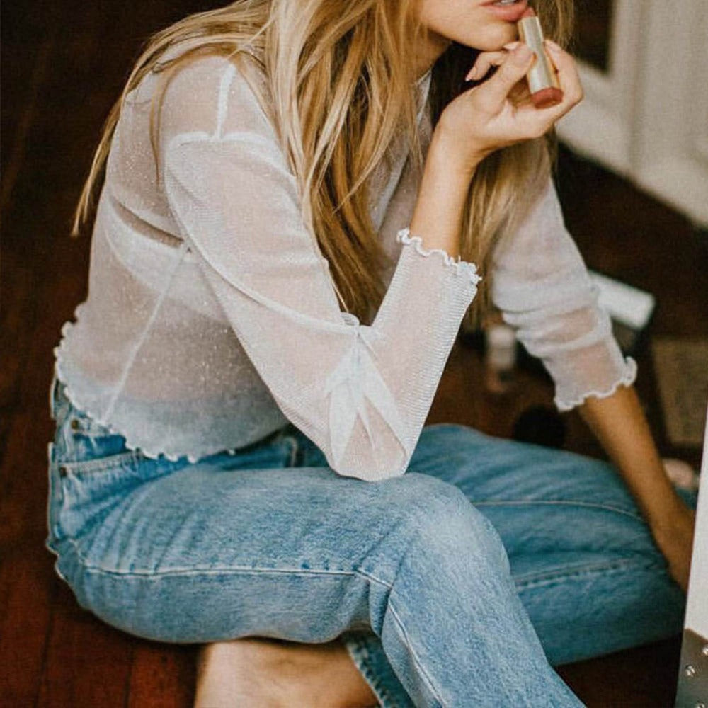 Women’s Sheer Mesh Long-Sleeve Silk Top