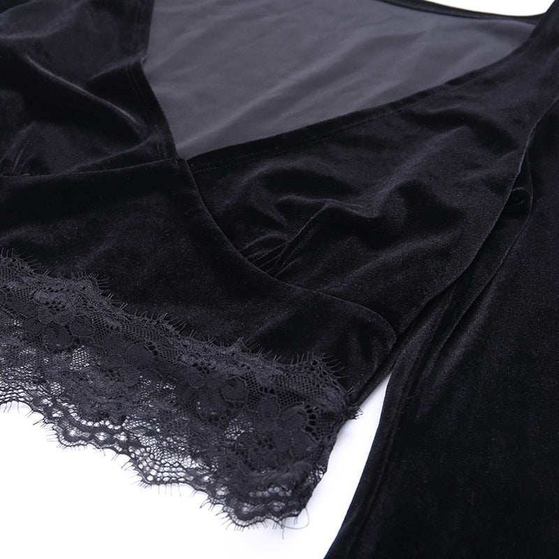 Women’s Gothic Lace Hollow-Out Crop Top – V-Neck, Long Sleeve