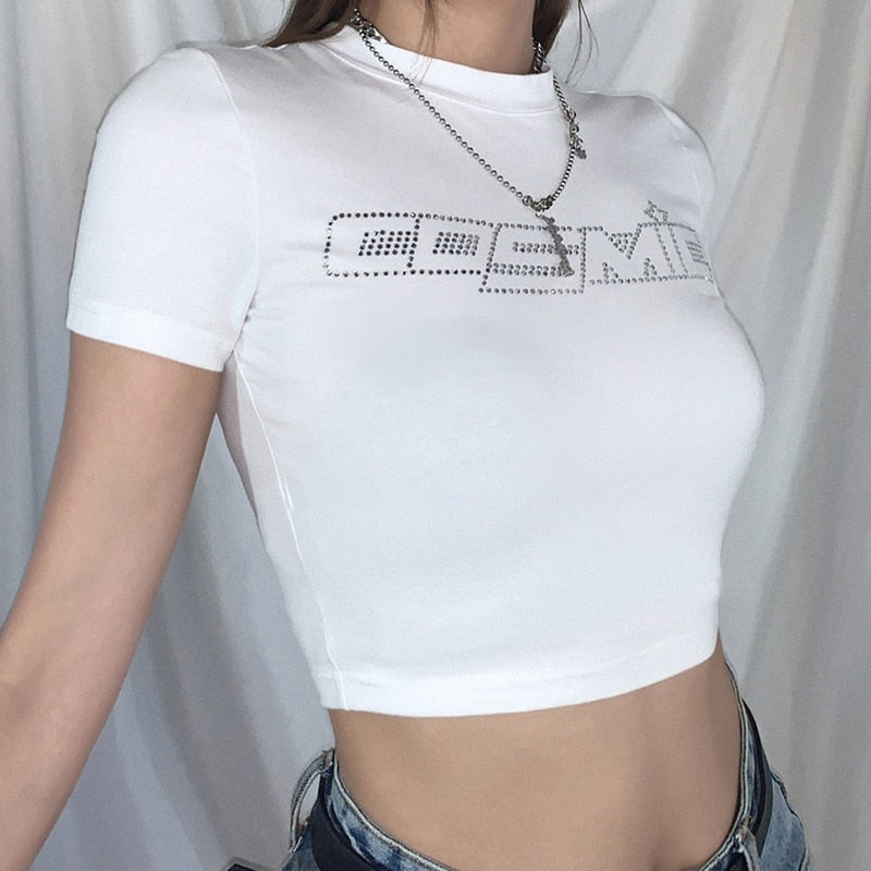Women’s Punk Rhinestone Spider Goth Crop T-Shirt – Y2K Style