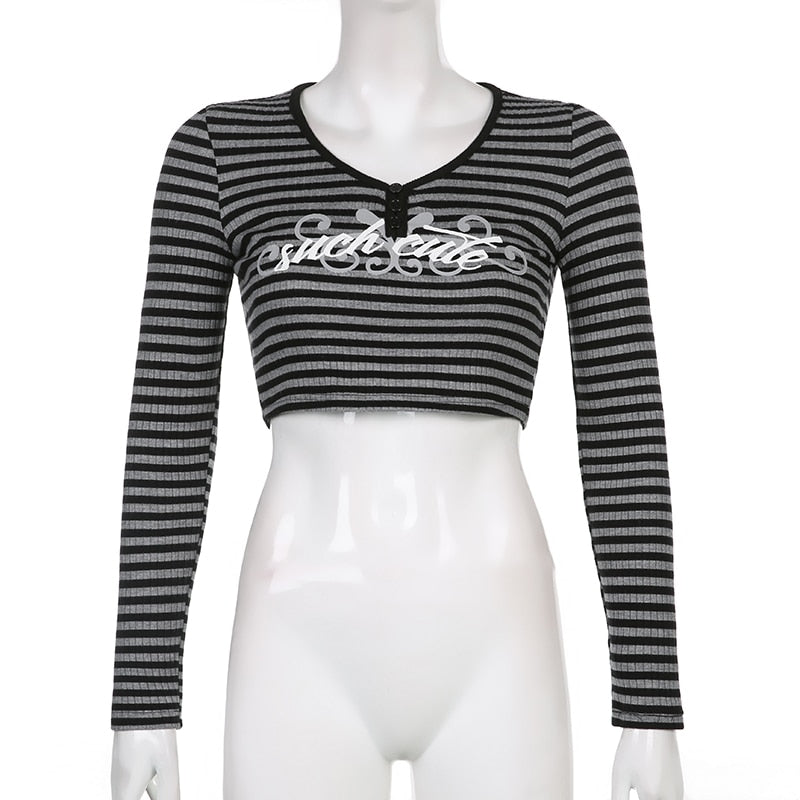 Goth Print V-Neck Stripe Top – Dark Academia Techwear