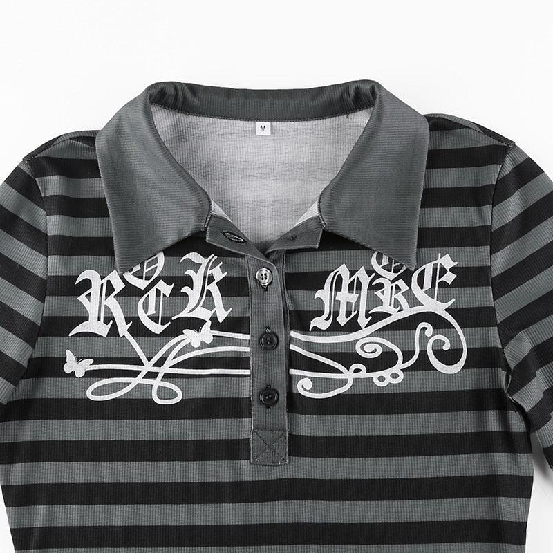 Goth Print V-Neck Stripe Top – Dark Academia Techwear