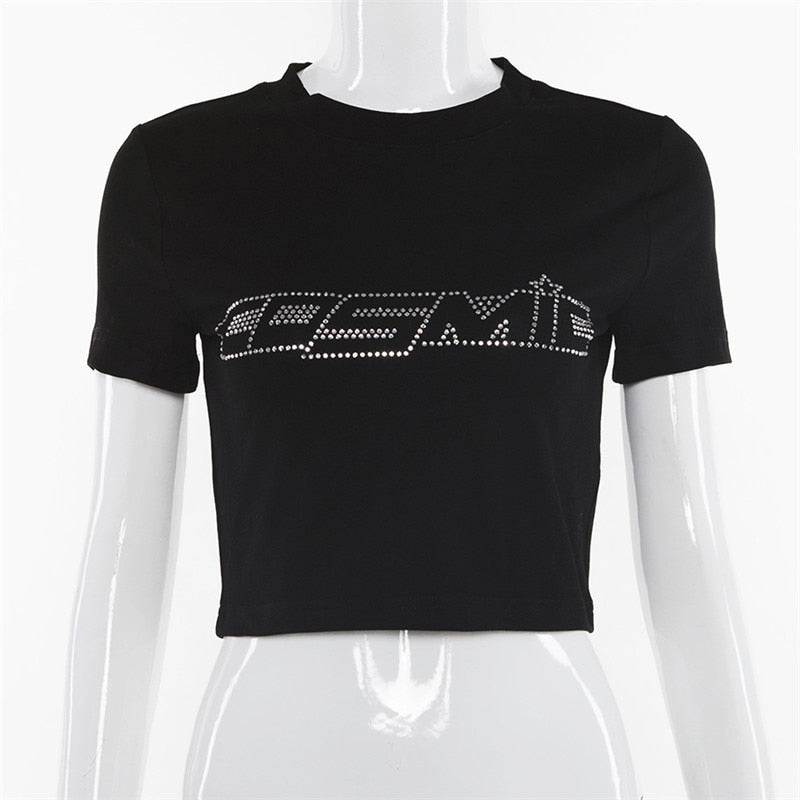 Women’s Punk Rhinestone Spider Goth Crop T-Shirt – Y2K Style