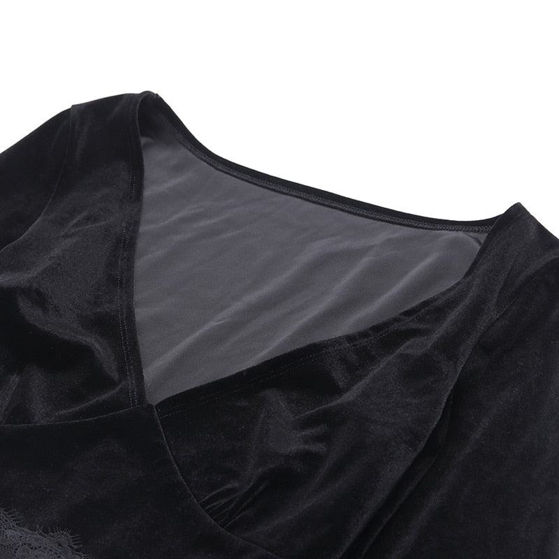 Women’s Gothic Lace Hollow-Out Crop Top – V-Neck, Long Sleeve