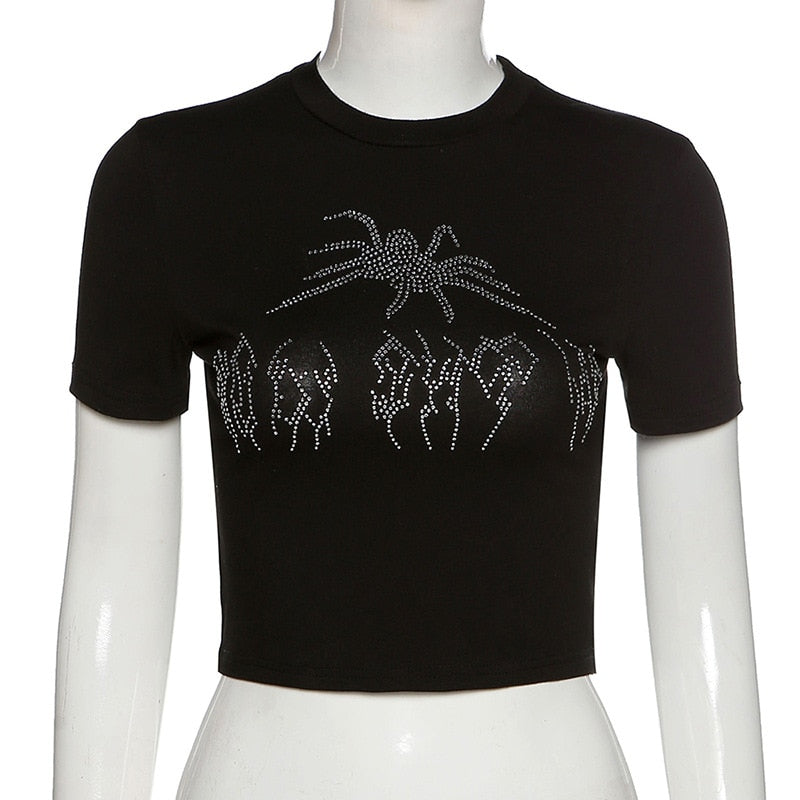 Women’s Punk Rhinestone Spider Goth Crop T-Shirt – Y2K Style