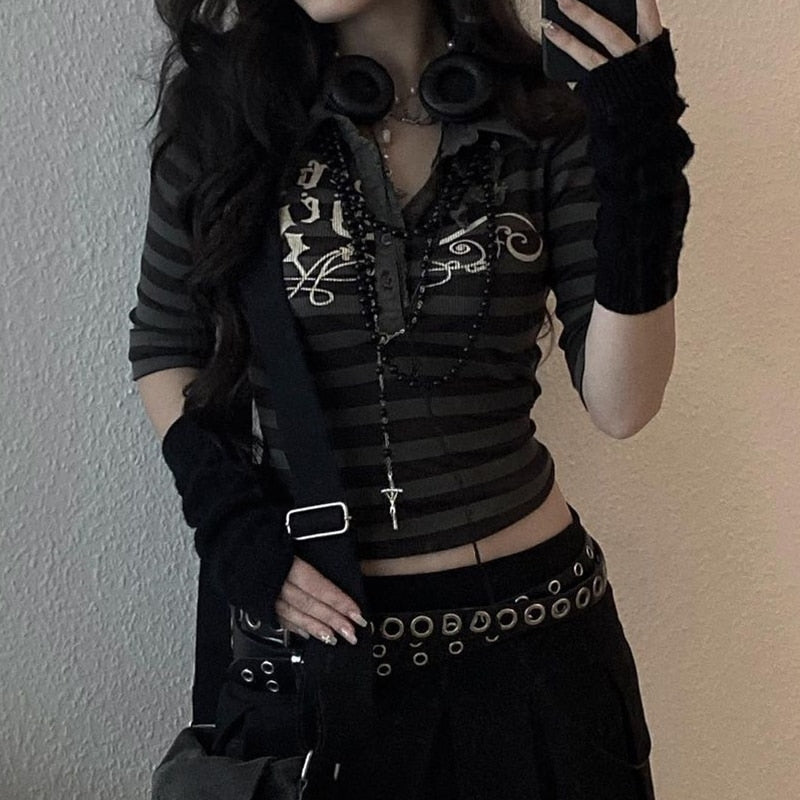 Goth Print V-Neck Stripe Top – Dark Academia Techwear