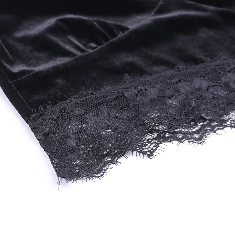 Women’s Gothic Lace Hollow-Out Crop Top – V-Neck, Long Sleeve