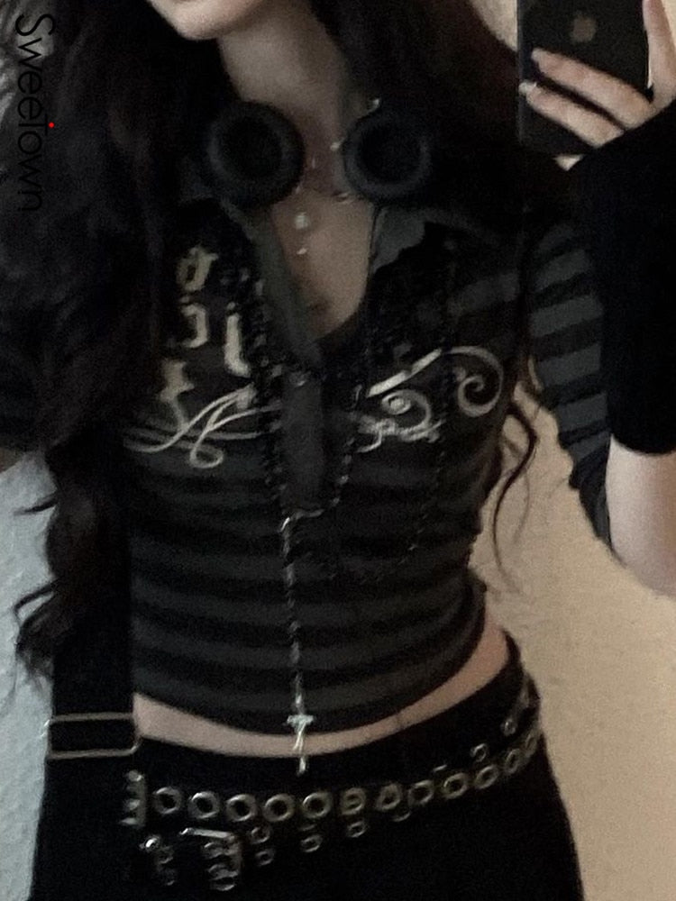 Goth Print V-Neck Stripe Top – Dark Academia Techwear