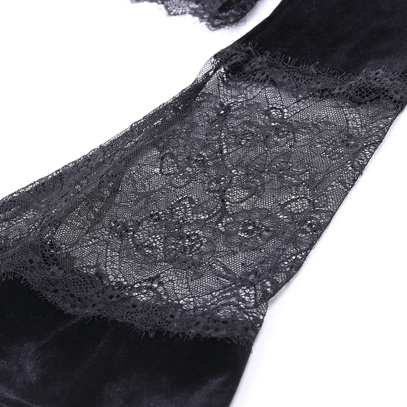 Women’s Gothic Lace Hollow-Out Crop Top – V-Neck, Long Sleeve