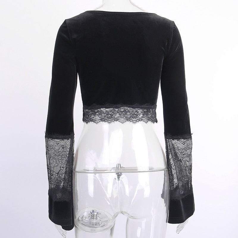Women’s Gothic Lace Hollow-Out Crop Top – V-Neck, Long Sleeve