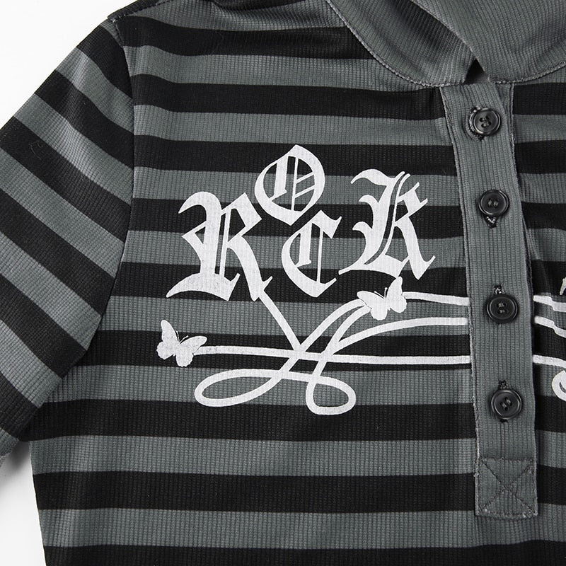 Goth Print V-Neck Stripe Top – Dark Academia Techwear