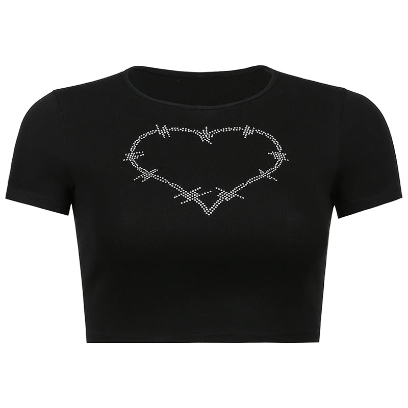 Women’s Punk Rhinestone Spider Goth Crop T-Shirt – Y2K Style