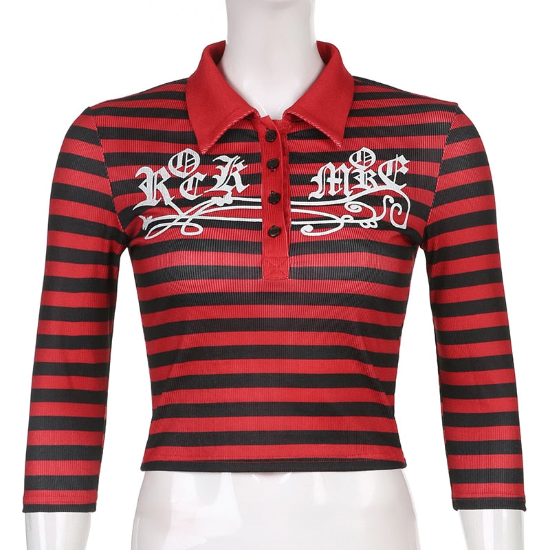 Goth Print V-Neck Stripe Top – Dark Academia Techwear