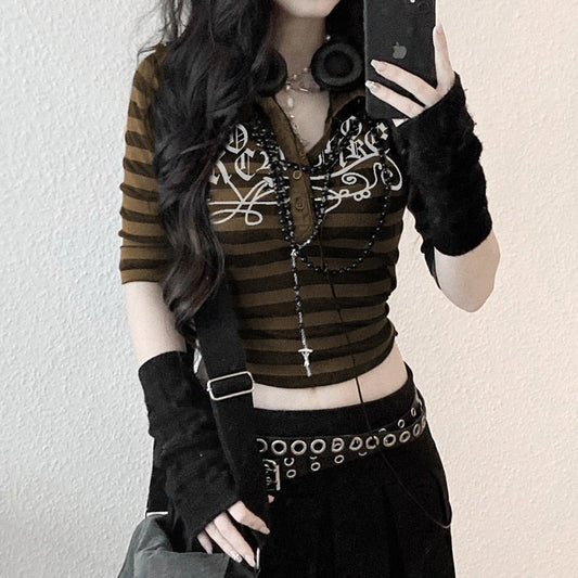 Goth Print V-Neck Stripe Top – Dark Academia Techwear