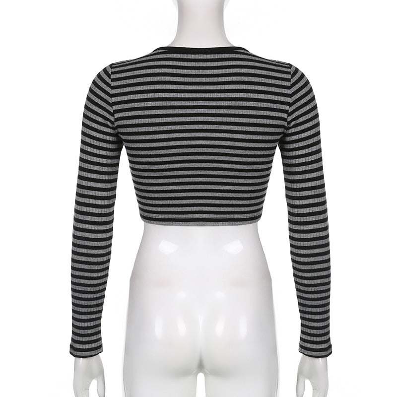 Goth Print V-Neck Stripe Top – Dark Academia Techwear
