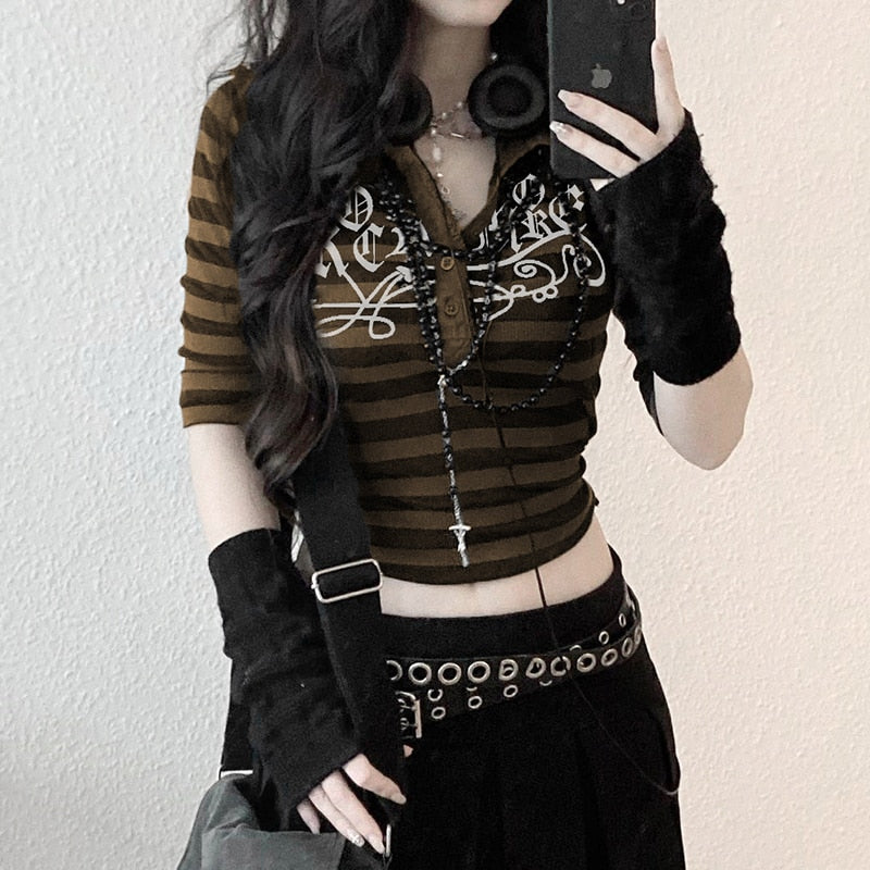 Goth Print V-Neck Stripe Top – Dark Academia Techwear