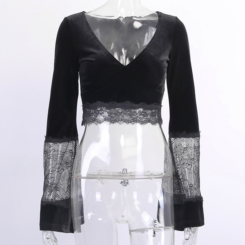 Women’s Gothic Lace Hollow-Out Crop Top – V-Neck, Long Sleeve