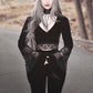 Women’s Gothic Lace Hollow-Out Crop Top – V-Neck, Long Sleeve