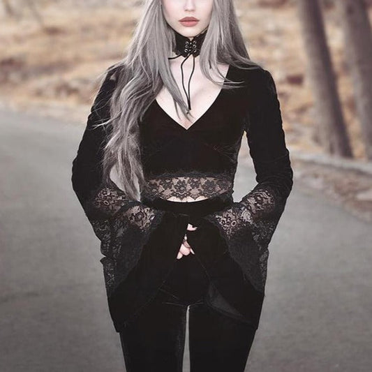 Women’s Gothic Lace Hollow-Out Crop Top – V-Neck, Long Sleeve