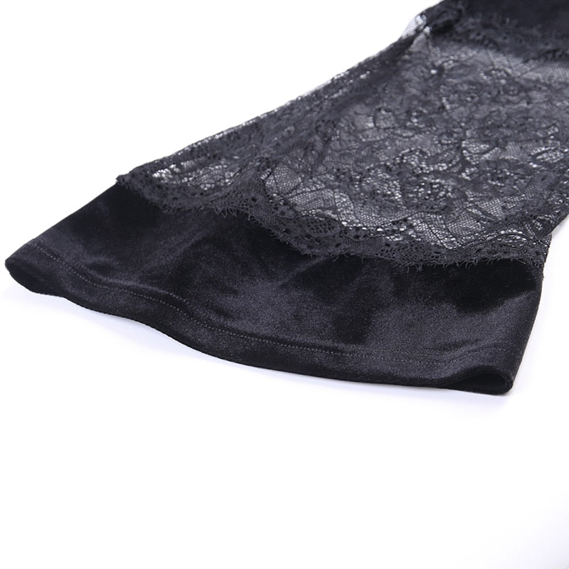 Women’s Gothic Lace Hollow-Out Crop Top – V-Neck, Long Sleeve