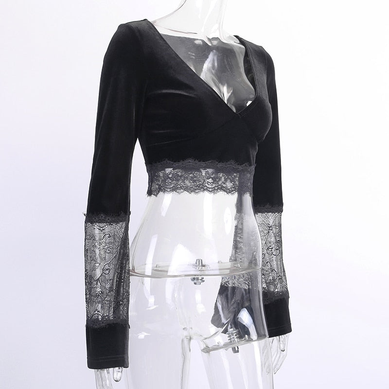 Women’s Gothic Lace Hollow-Out Crop Top – V-Neck, Long Sleeve
