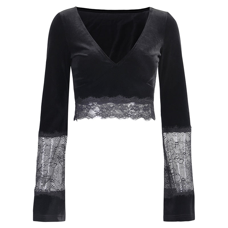 Women’s Gothic Lace Hollow-Out Crop Top – V-Neck, Long Sleeve