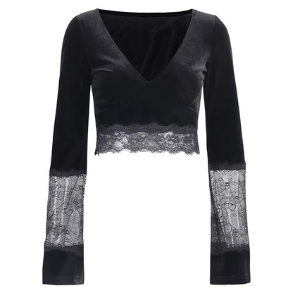 Women’s Gothic Lace Hollow-Out Crop Top – V-Neck, Long Sleeve
