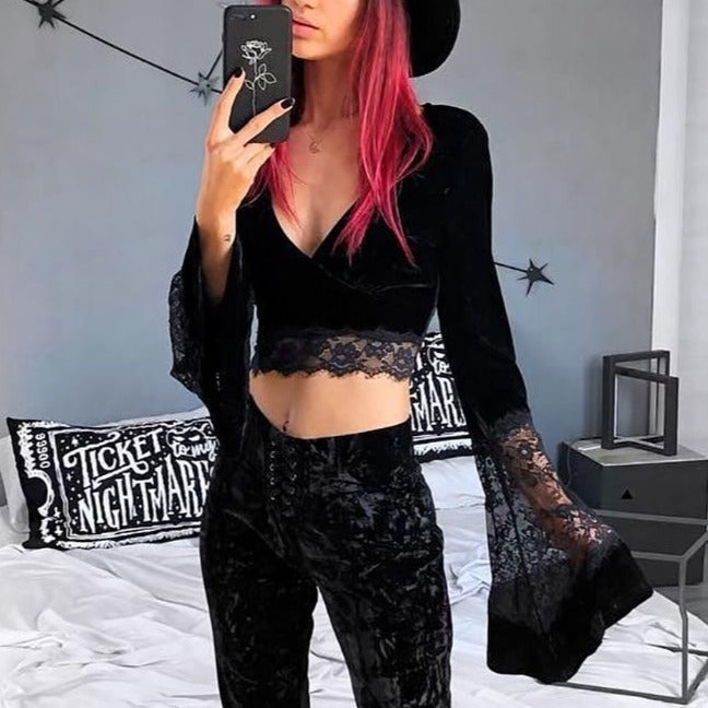 Women’s Gothic Lace Hollow-Out Crop Top – V-Neck, Long Sleeve