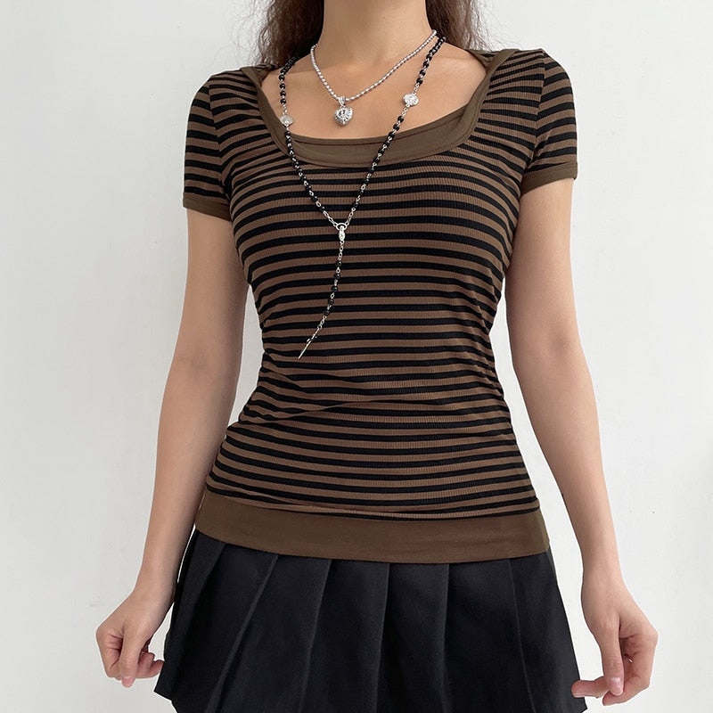 Goth Print V-Neck Stripe Top – Dark Academia Techwear