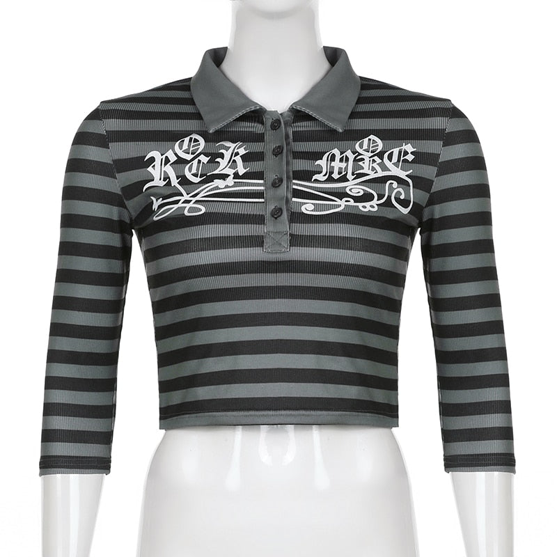 Goth Print V-Neck Stripe Top – Dark Academia Techwear