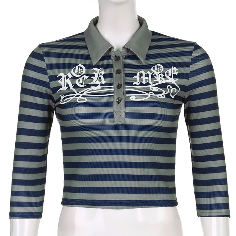 Goth Print V-Neck Stripe Top – Dark Academia Techwear