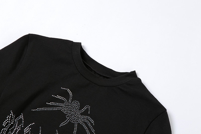 Women’s Punk Rhinestone Spider Goth Crop T-Shirt – Y2K Style