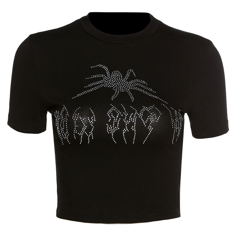 Women’s Punk Rhinestone Spider Goth Crop T-Shirt – Y2K Style