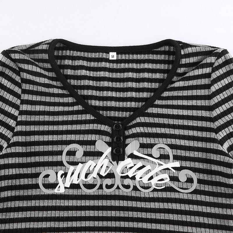 Goth Print V-Neck Stripe Top – Dark Academia Techwear