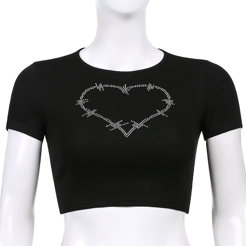 Women’s Punk Rhinestone Spider Goth Crop T-Shirt – Y2K Style
