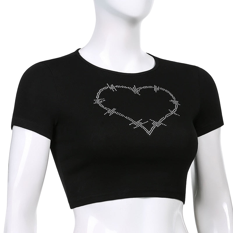 Women’s Punk Rhinestone Spider Goth Crop T-Shirt – Y2K Style