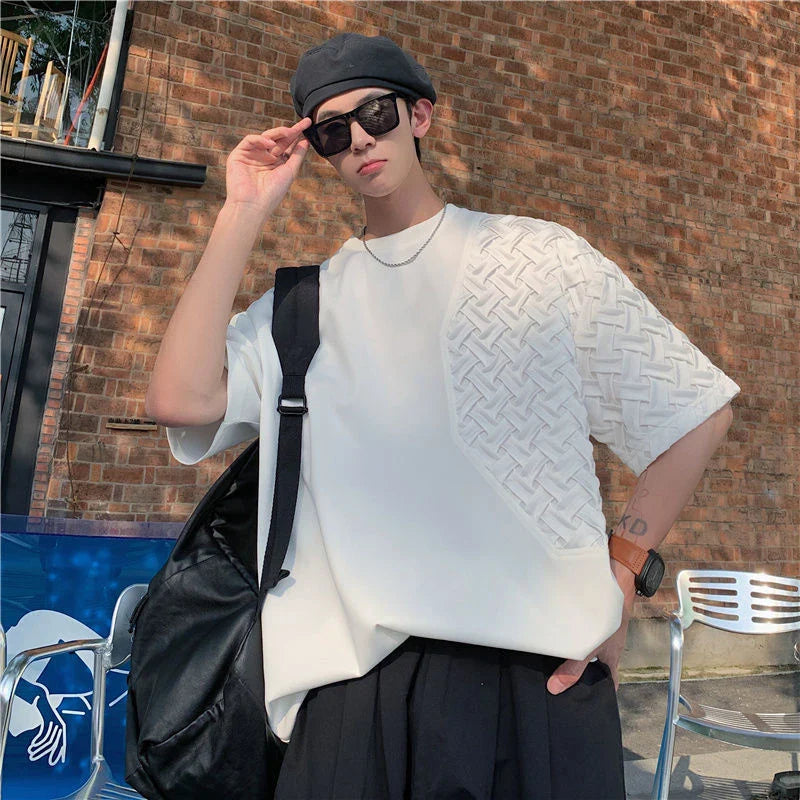 Men’s Spliced O-Neck Short Sleeve T-Shirt – Oversized Streetwear