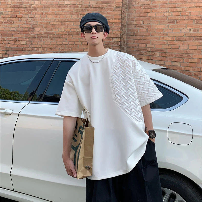 Men’s Spliced O-Neck Short Sleeve T-Shirt – Oversized Streetwear