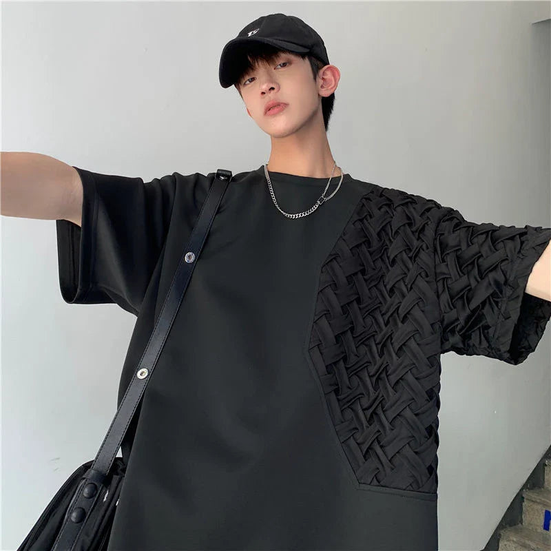 Men’s Spliced O-Neck Short Sleeve T-Shirt – Oversized Streetwear