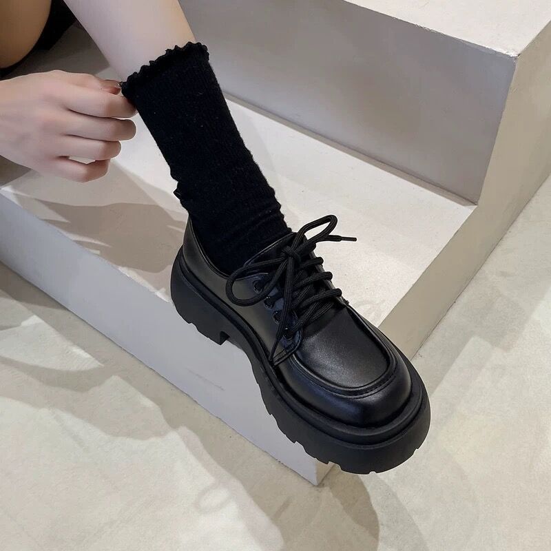 Women’s British Style Chunky Sole Leather Shoes – Trendy Loafers with Elevated Heel