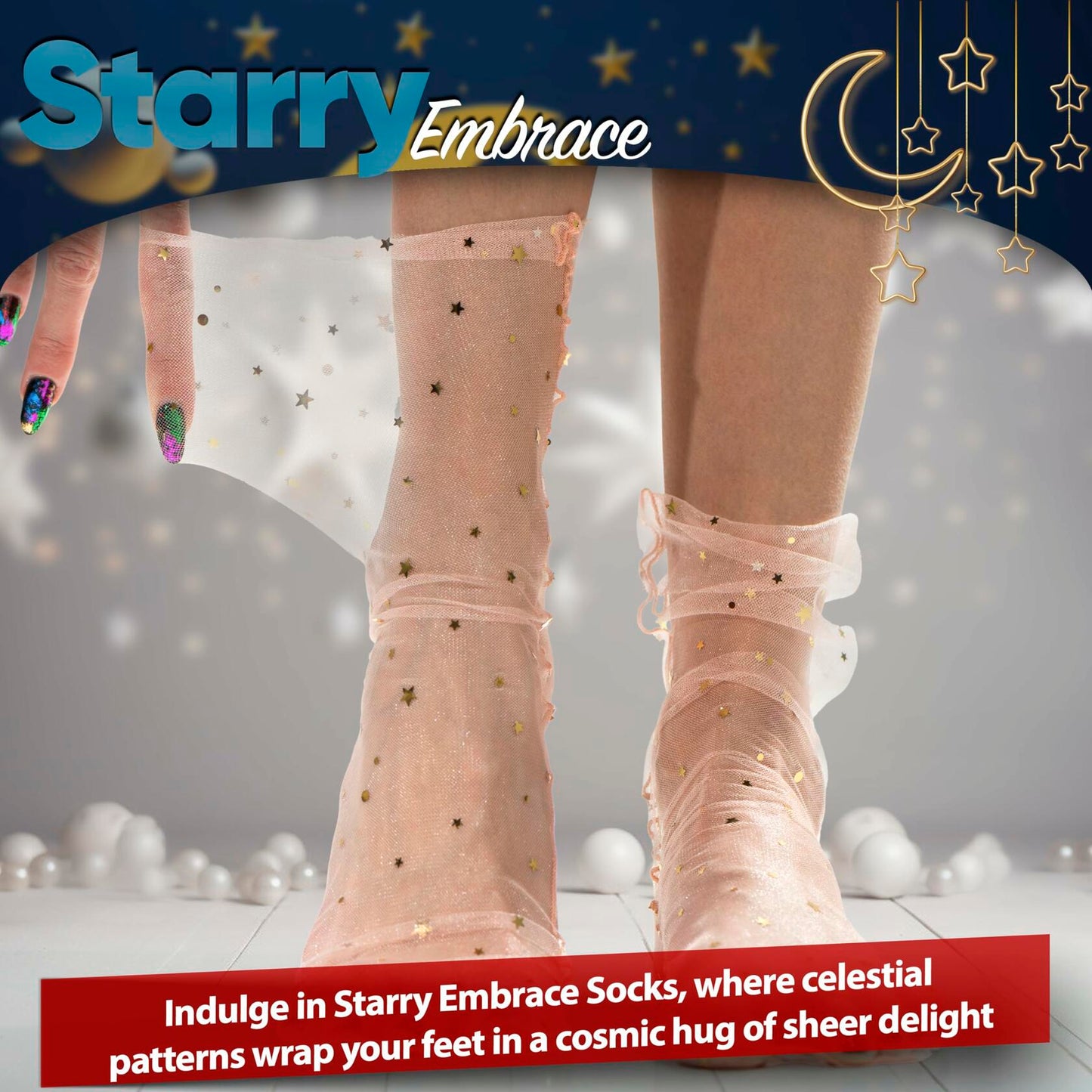 AVIAN LEGS Women Sheer Slouch Tulle Socks with Glitter Stars & Moon, 1 Pair